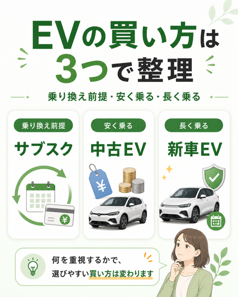 サブスク・中古EV・新車EVの買い方を、乗り換え前提・安く乗る・長く乗るの3つの判断軸で整理した画像