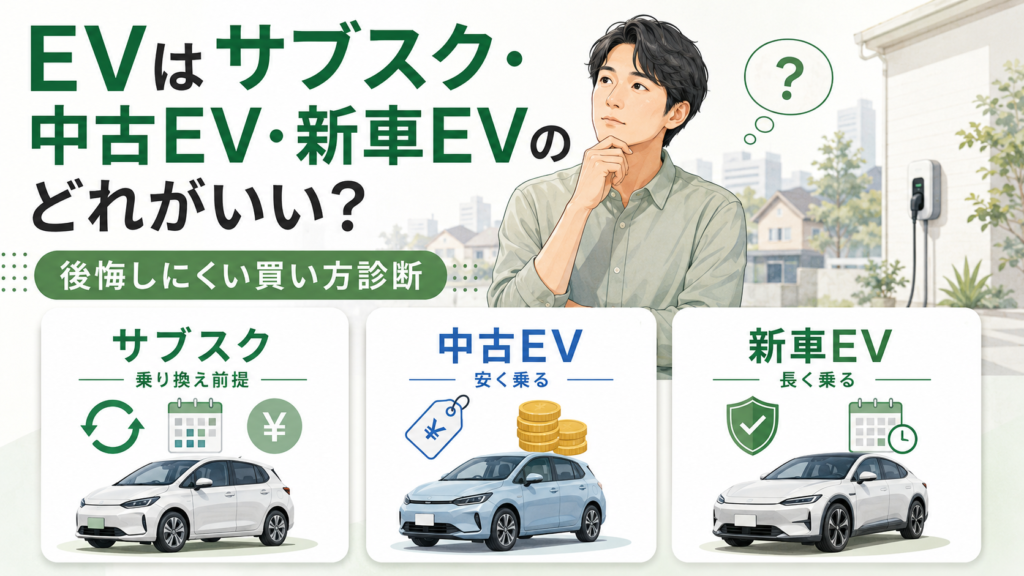 EVの買い方は、サブスク・中古EV・新車EVの3つから、予算や乗る期間、使い方に合わせて選ぶことが大切です。