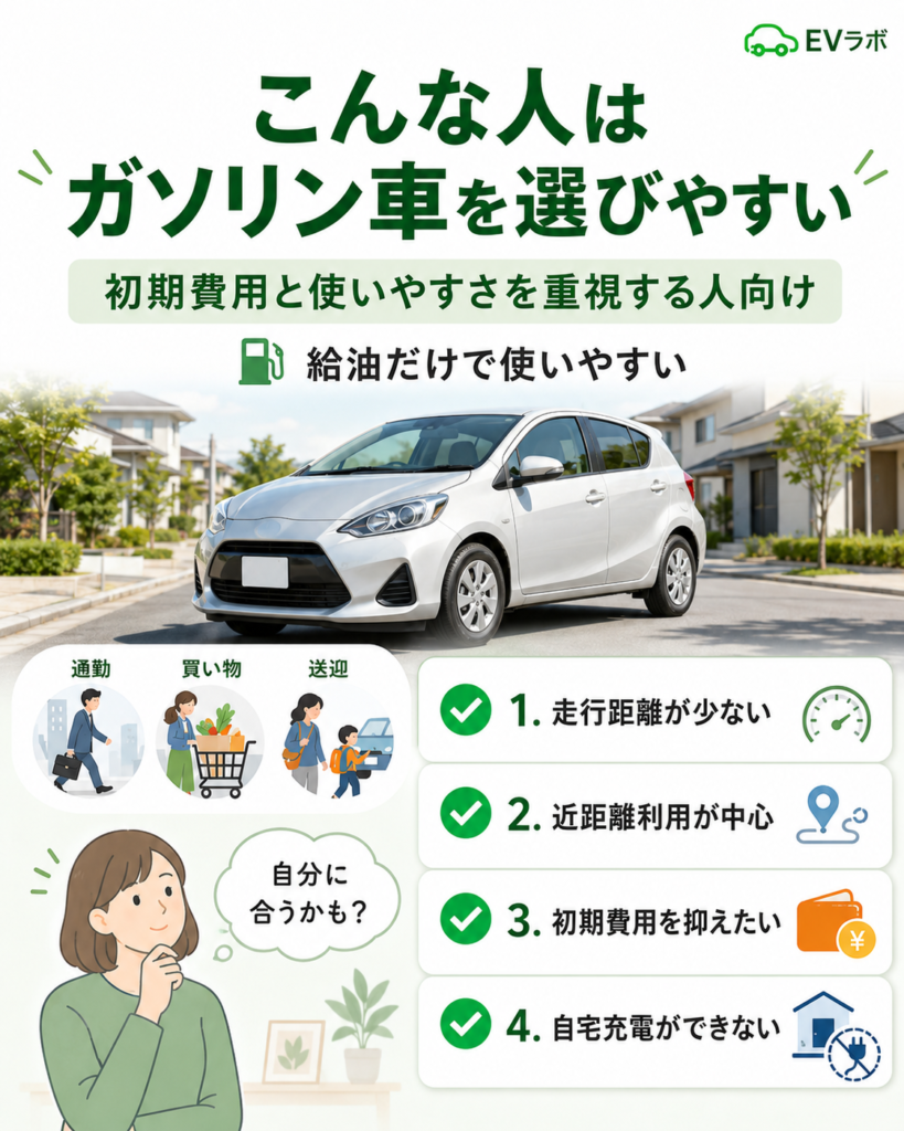 ガソリン車が向いている人の条件を4つのチェック項目で整理した画像