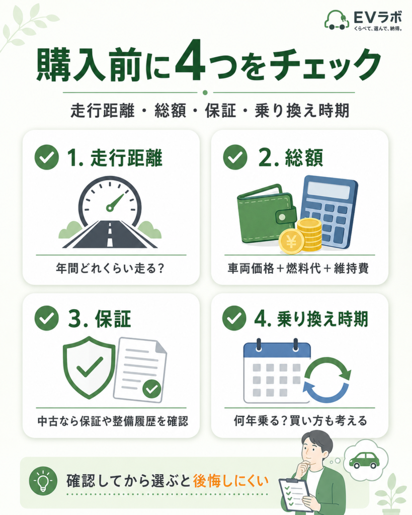 ガソリン車購入前の4つの確認ポイントをまとめたチェックリスト画像