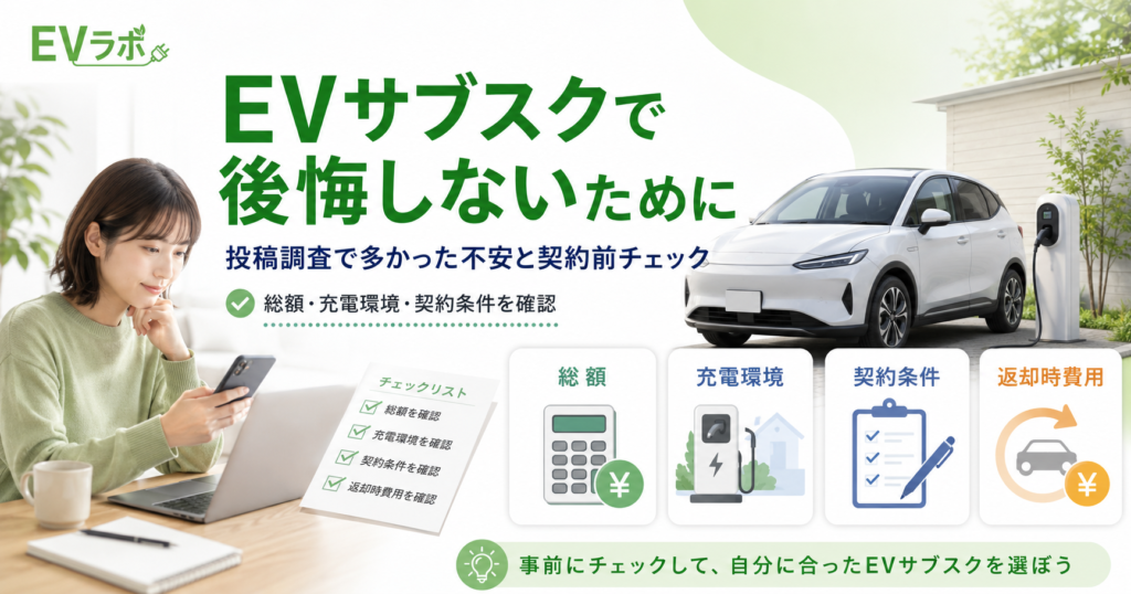 EVサブスクで後悔しないために、投稿調査で多かった総額・充電環境・契約条件・返却時費用の不安を契約前にチェックする記事のアイキャッチ画像