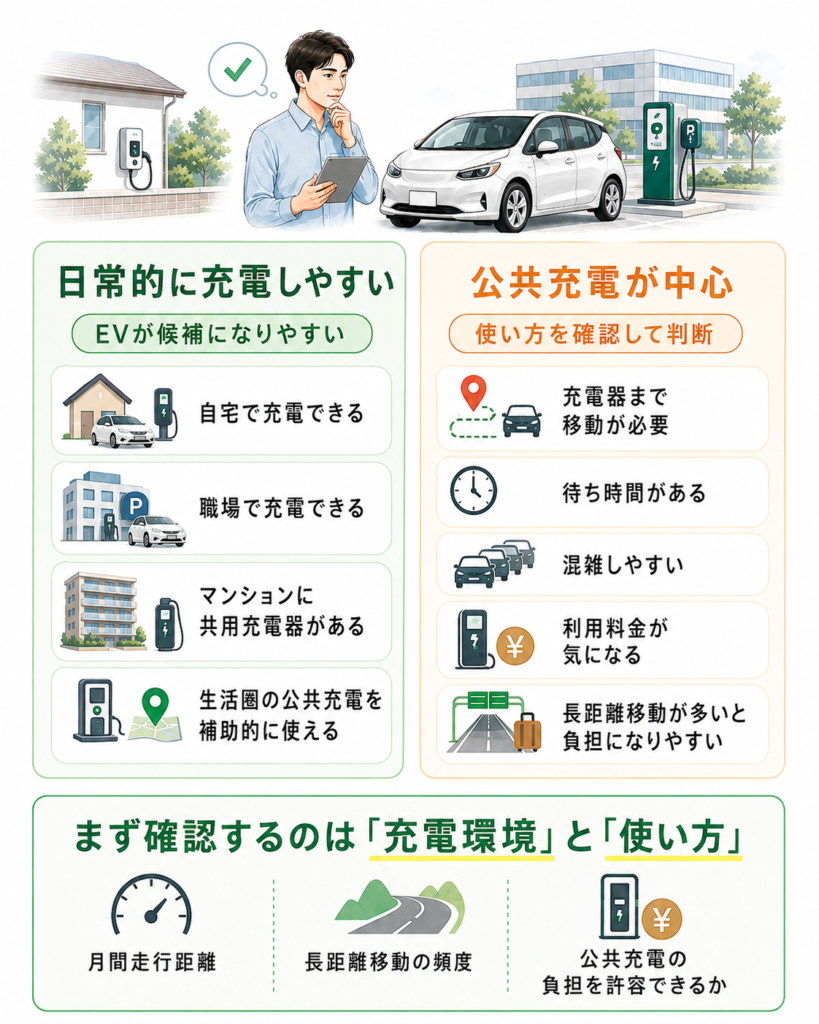 EVは自宅や職場などで日常的に充電できる人ほど使いやすく、公共充電が中心の場合は移動や待ち時間などの負担を確認した方がよいことを示した画像