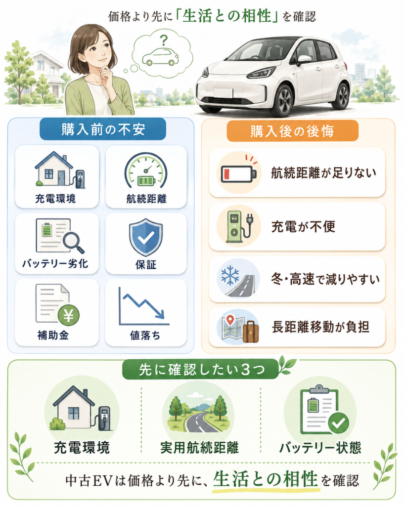 投稿調査から、中古EVの購入前は充電環境や航続距離、保証など幅広い不安があり、購入後は航続距離や充電など使い勝手の後悔が目立つことを示した画像