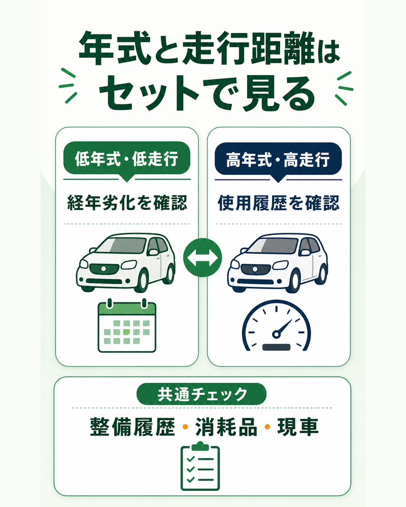 低年式・低走行車は経年劣化、高年式・高走行車は使用履歴を確認し、どちらも整備履歴・消耗品・現車を見ることを示した比較図