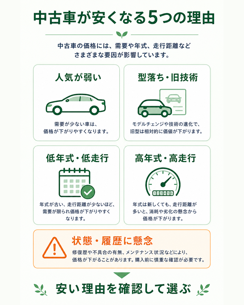 中古車が安くなる理由として、人気が弱い、型落ち・旧技術、低年式・低走行、高年式・高走行、状態・履歴への懸念の5つを示した図