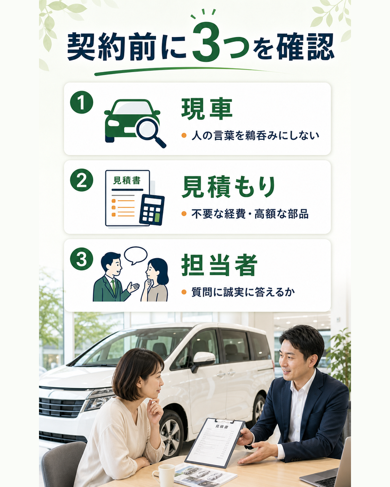 中古車の契約前に、現車を自分で確認し、見積もりの不要な経費や高額な部品を調べ、担当者の誠実さを見ることを示した図