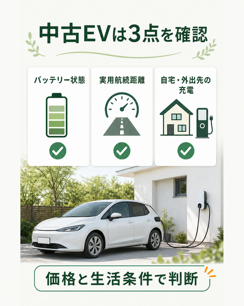 中古EVを選ぶ前に、バッテリー状態、実用航続距離、自宅や外出先の充電環境を確認することを示した図